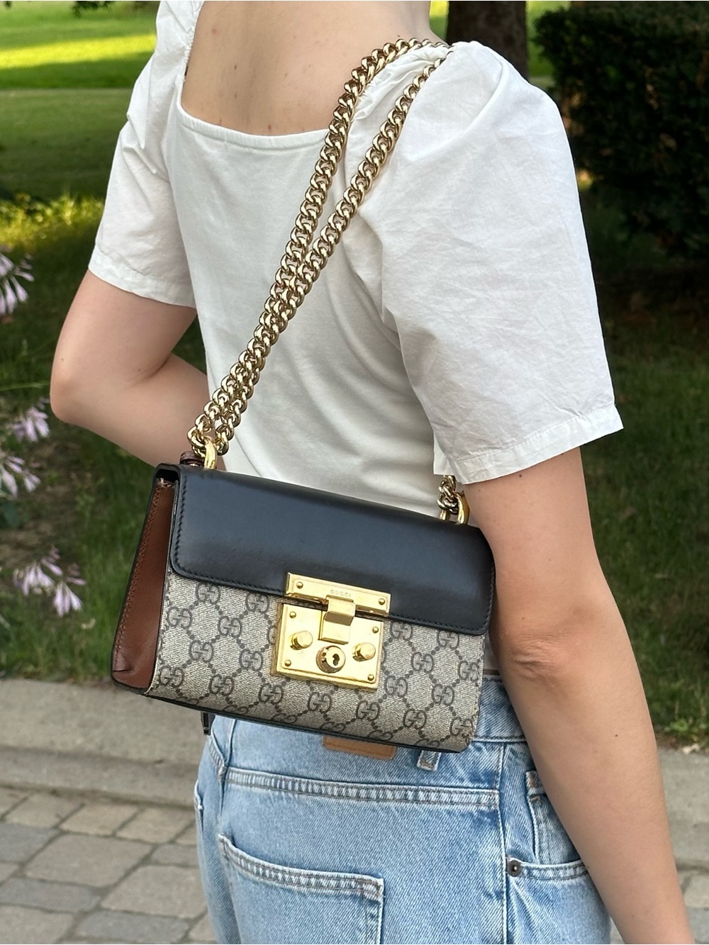 Gucci Small GG Supreme Black Padlock Shoulder Crossbody Bag